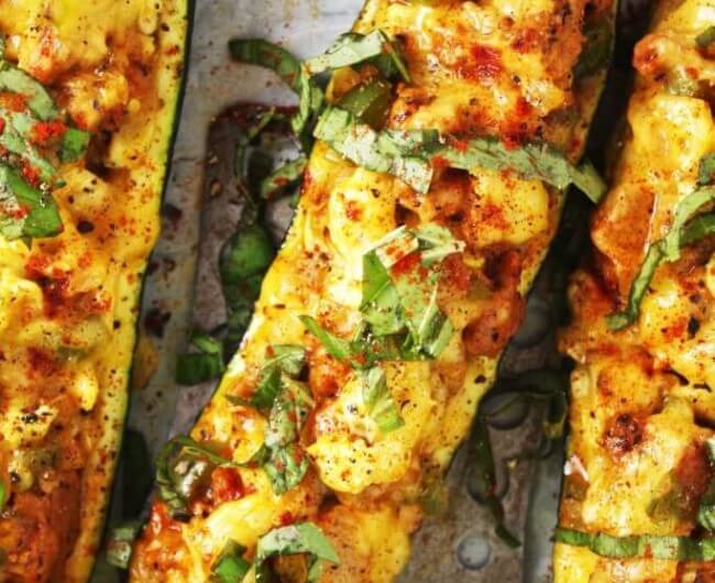 Cheddar and Sausage Zucchini Stuffed Boats