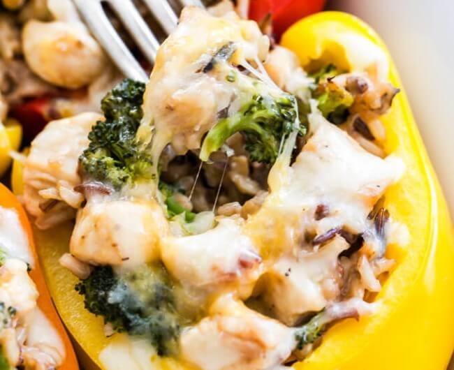 Cheesy Broccoli, Chicken and Rice Stuffed Peppers