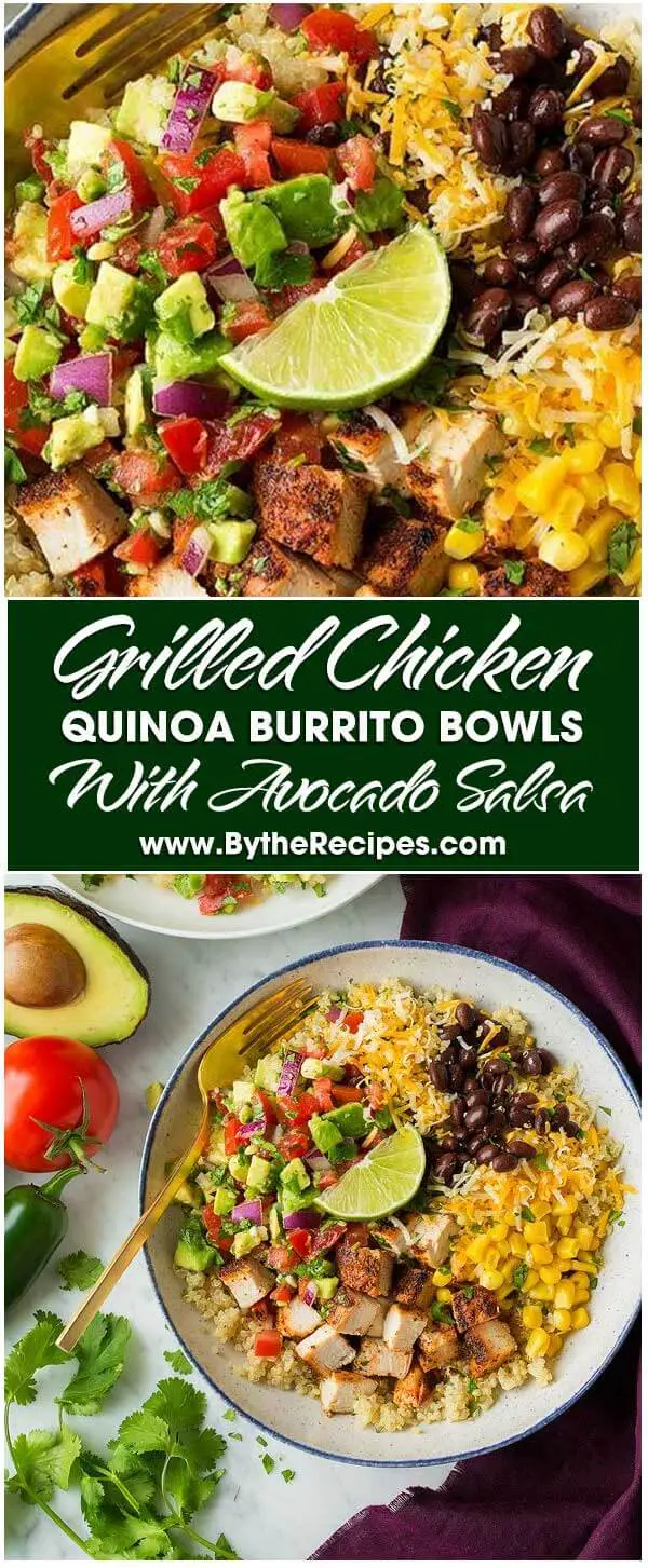 Grilled Chicken and Quinoa Burrito Bowls with Avocado Salsa