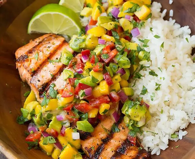 Grilled Lime Salmon with Avocado-Mango Salsa and Coconut Rice