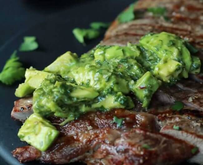 Juicy Grilled Flank Steak with Avocado Chimichurri