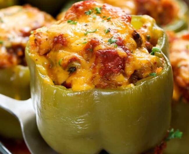 Stuffed Peppers with Beef, Sausage, Tomatoes and Rice
